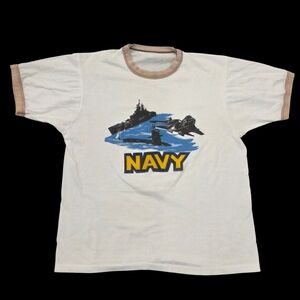 Vintage Navy Ringer Tee Shirt Medium White Beige Jet Ship Submarine Military